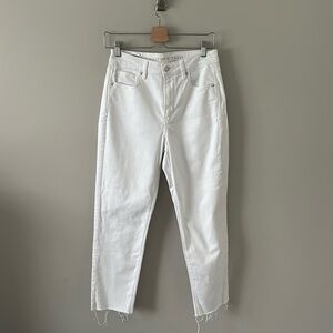 American Eagle Super High Waisted White Jeans with Distressed Hem